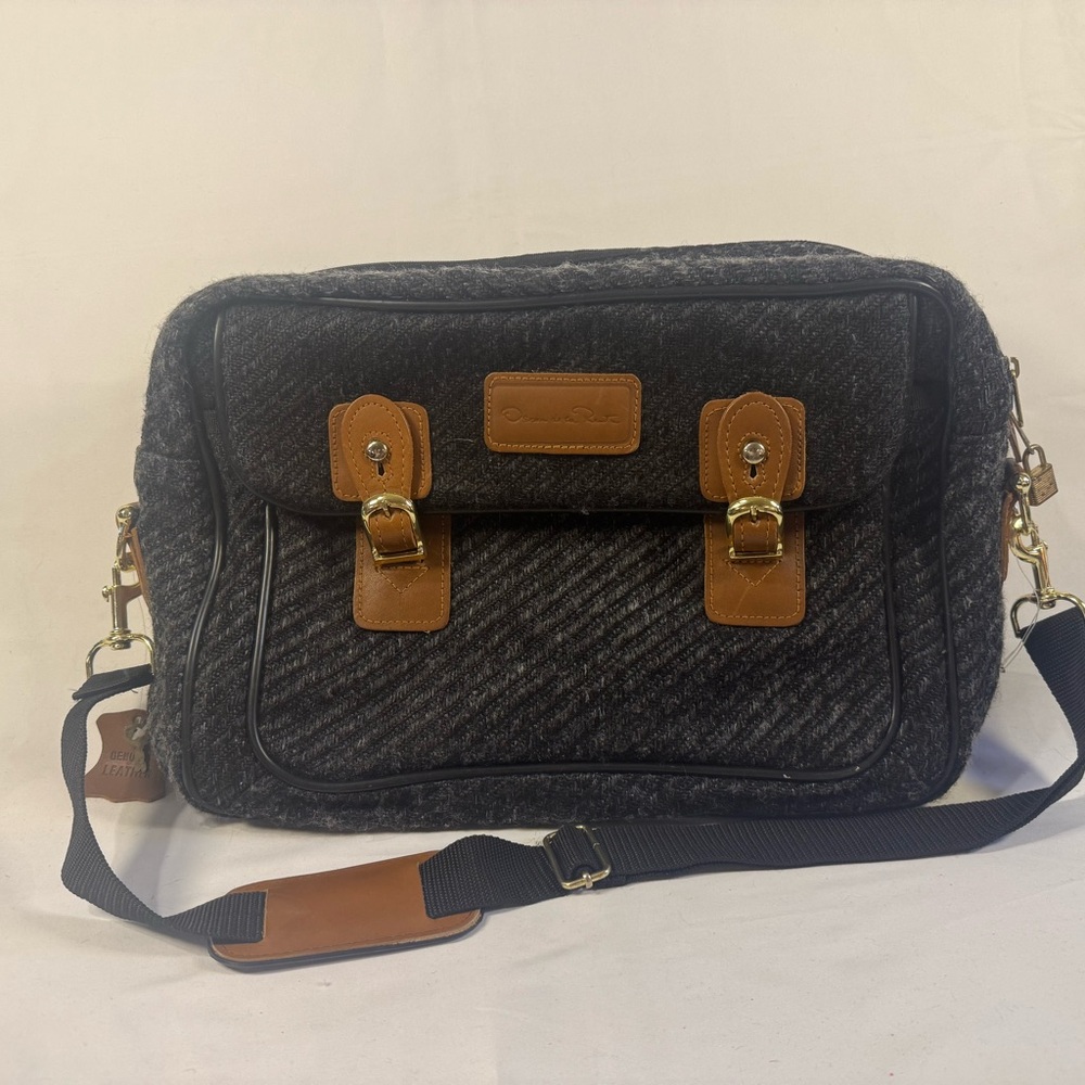 Oscar de la Renta Charcoal and Tan Messenger Bag
